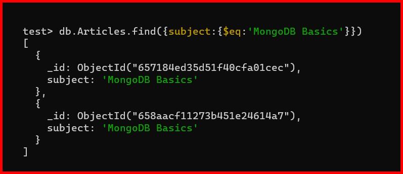 Picture showing how the eq comparison operator works in mongodb